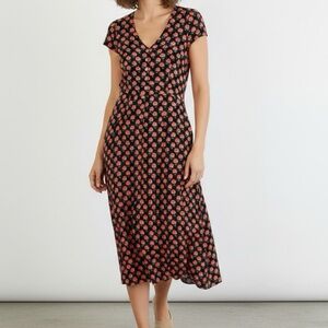 Louche London Cathleen Midi Black Peach Pansy Tea Dress 6